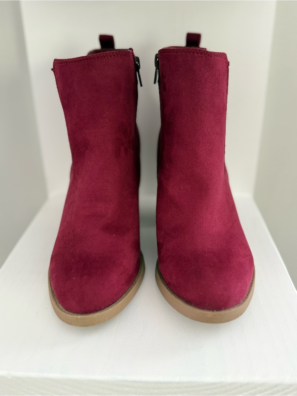 Women's Suede Ankle Bootie in Burgundy - Classic Everyday Style